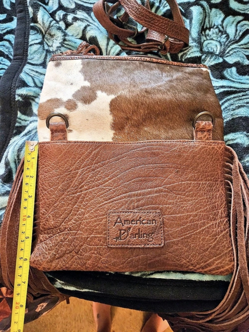 American Darling Cowhide & Leather Fringe Crossbody Bag in Brown & White